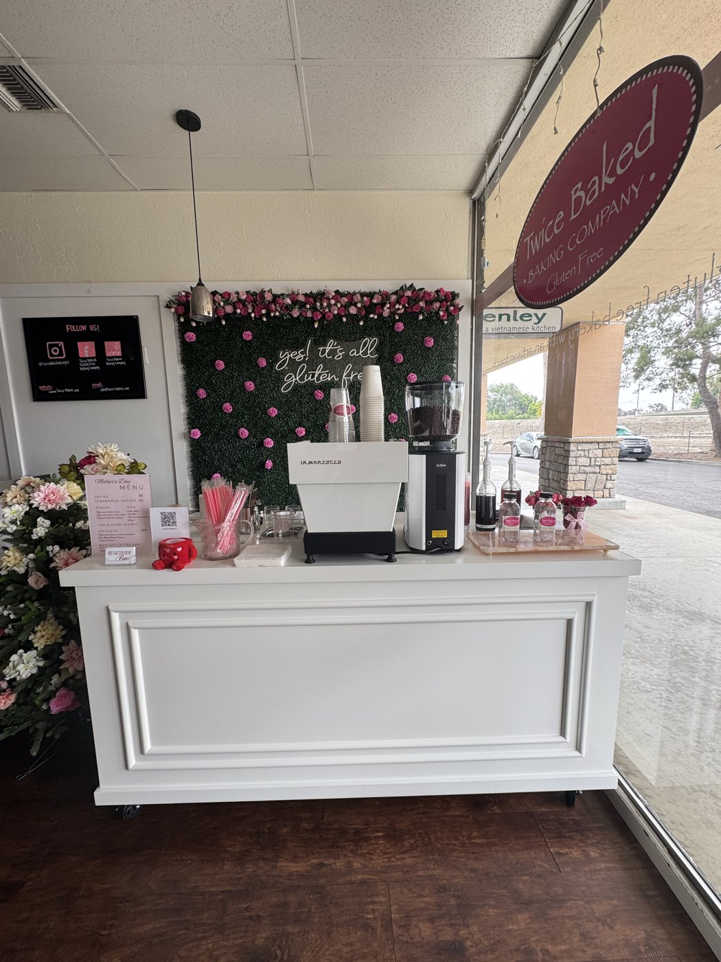 Full espresso station setup with La Marzocco machine at a brand activation event
