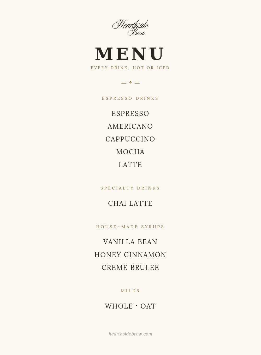 Hearthside Brew full drink menu: espresso drinks, specialty drinks, house-made syrups, and milk options